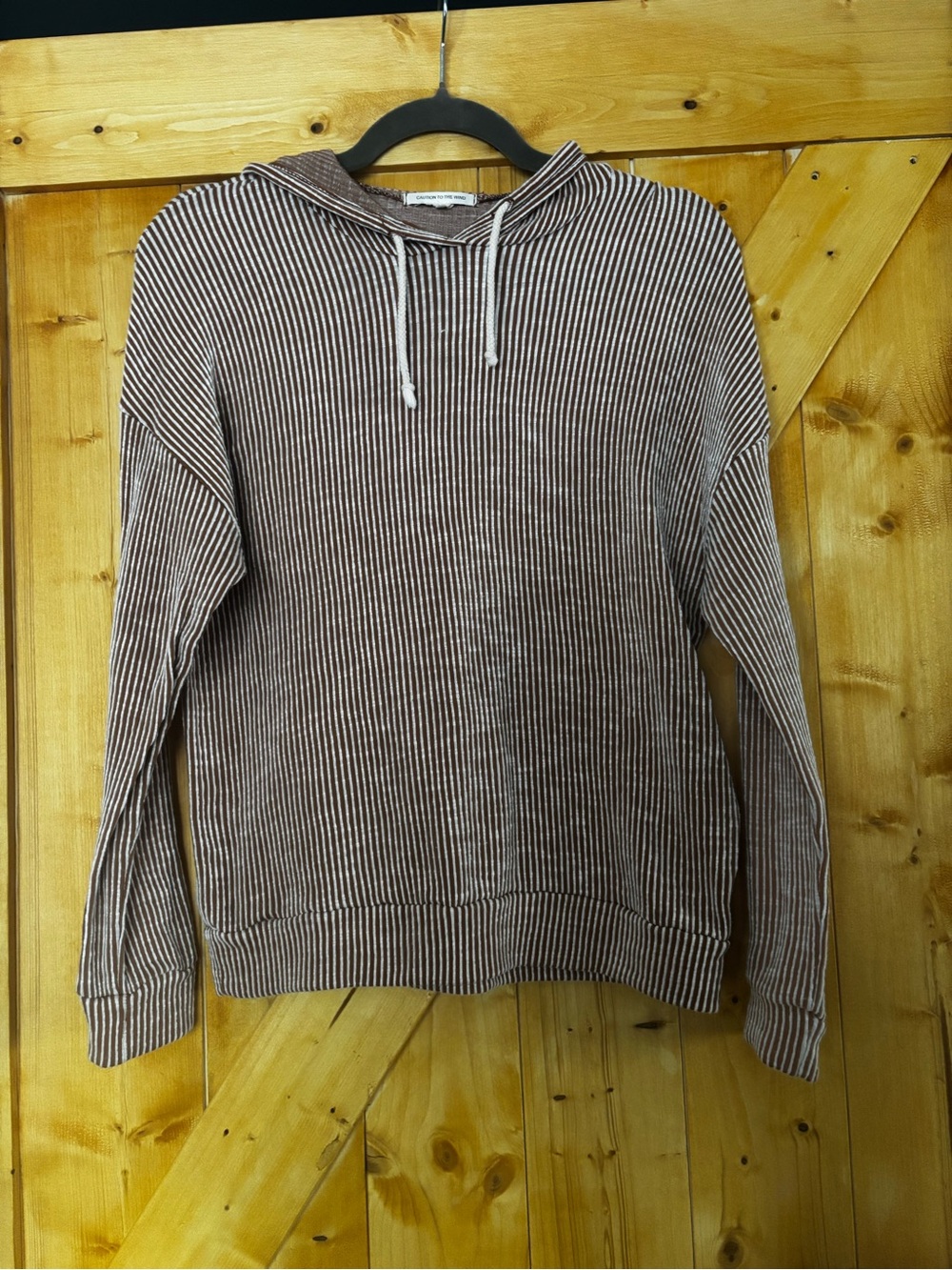 “Caution to the Wind”Brown Striped Hoodie Small- Boho, Beach‎ ready!